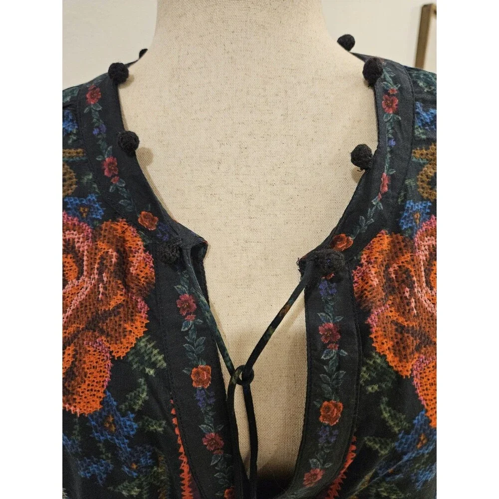 Farm Rio Black Floral Pom Pom Tie Dress Size L Boho Long SleeveFarm Rio Black... - Picture 4 of 6
